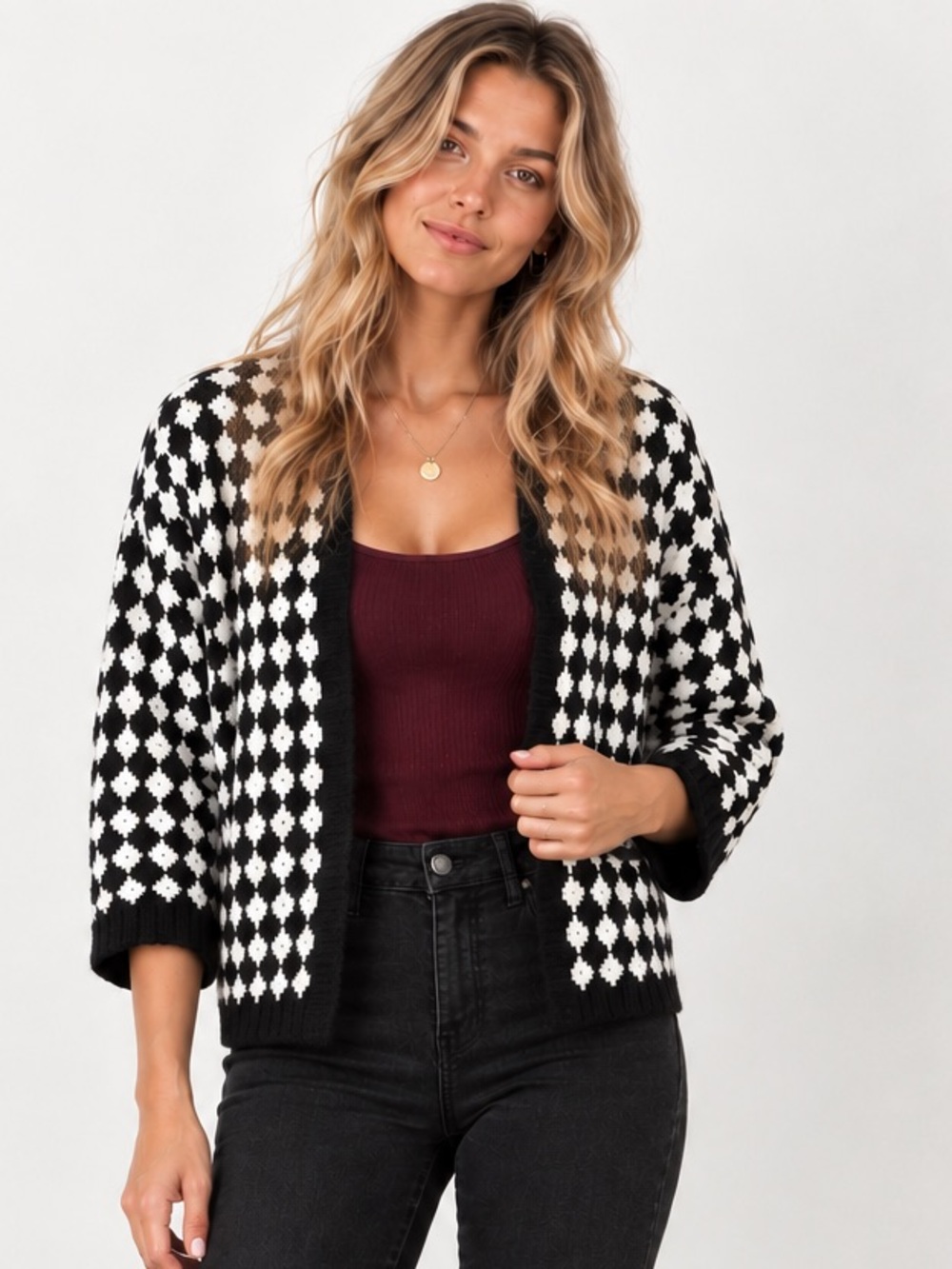 WORTHINGTON Black White Knitted Open Front Cardigan Dolman 3/4 Sleeve L EUC